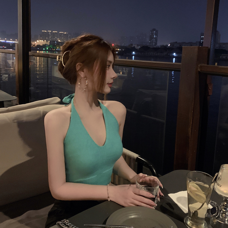 夏装2021新款网红性感美背挂脖针织小背心...