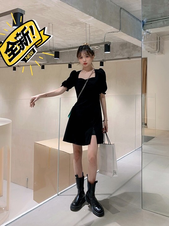 2021夏新款黑色连衣裙女收腰显瘦气质赫本...