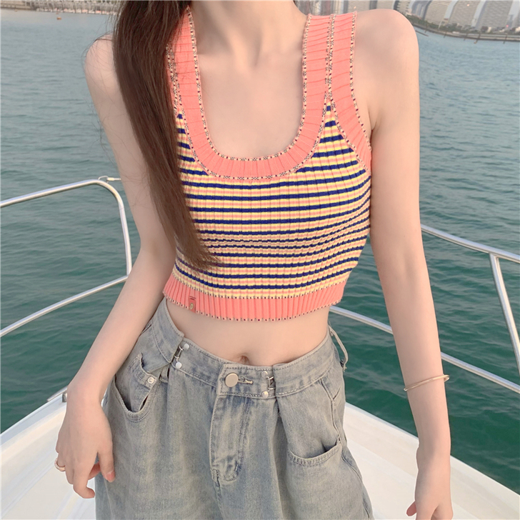 吊带撞色针织背心女2021夏季新款简约百搭...