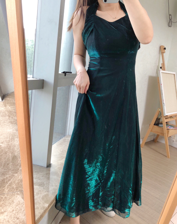国外产极光色挂脖礼服裙深绿色气质优雅巨显瘦...