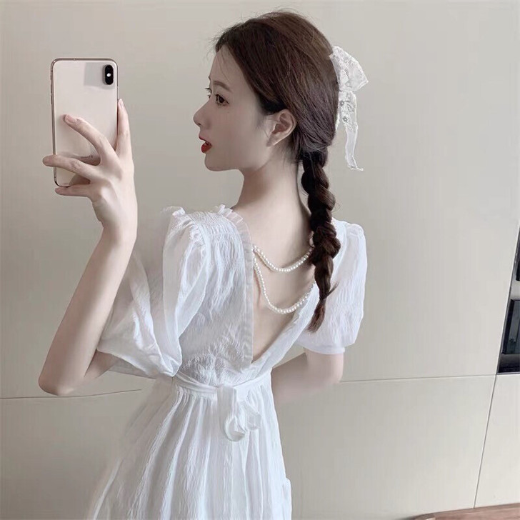 连衣裙女法式复古方领收腰露背短袖中长裙春夏...