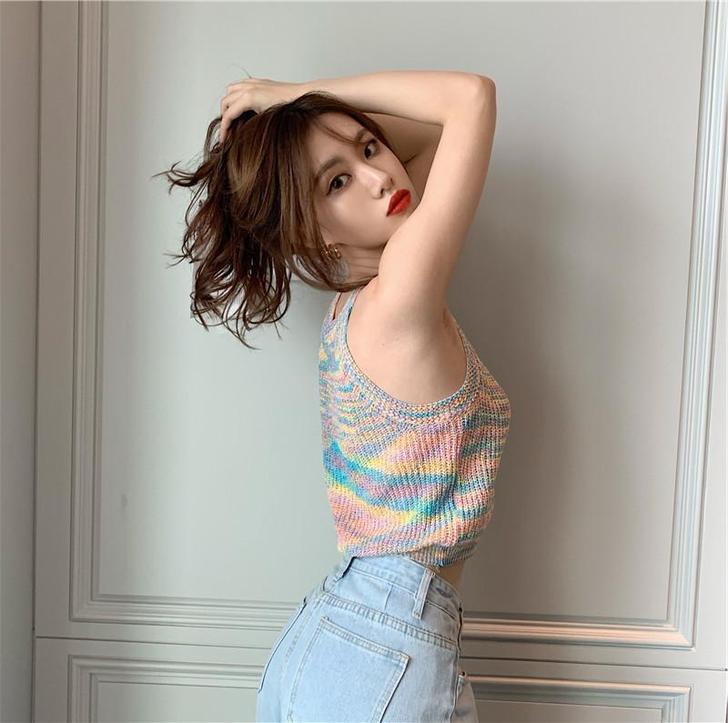 无袖针织吊带背心女港风ins复古彩色挂脖上...