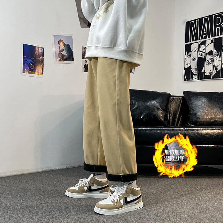 卡其色裤子女秋冬加绒保暖直筒宽松外穿加厚裤...