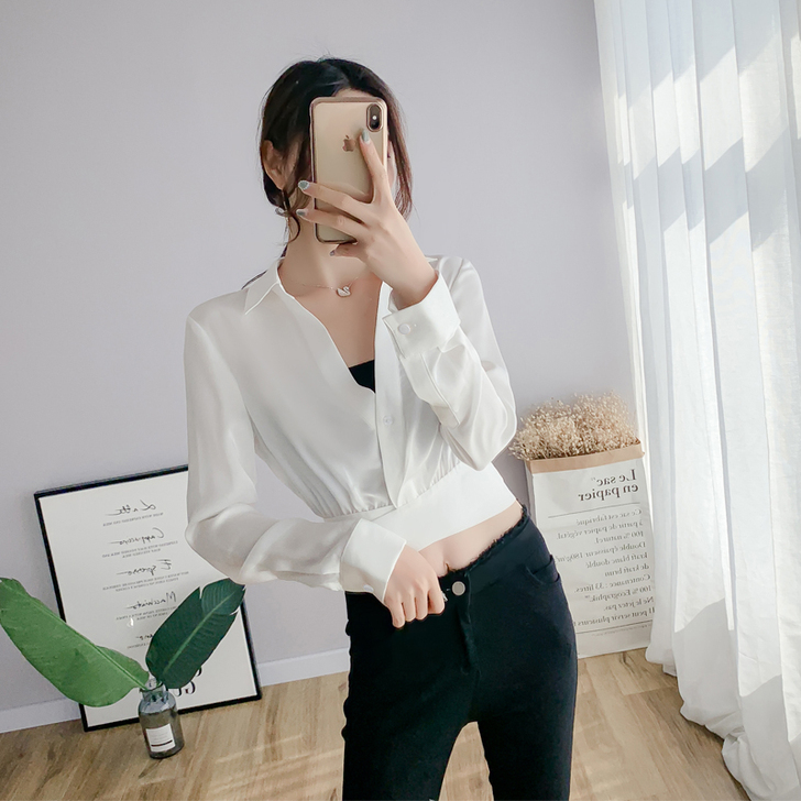 2019春装新款V领长袖宽松白色衬衫时尚洋...
