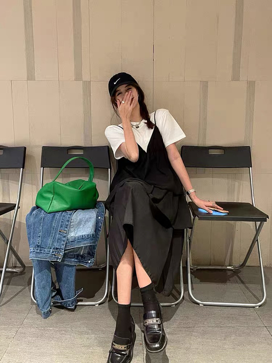 INJUNE梦圆 层层叠叠吊带蛋糕裙黑色高...