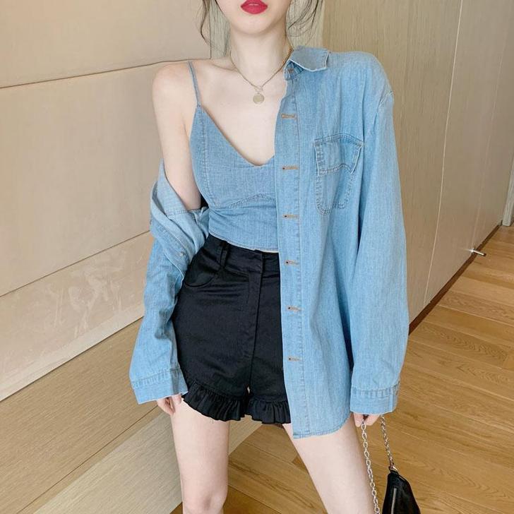 2021夏季新款港味复古宽松牛仔长袖衬衫外...