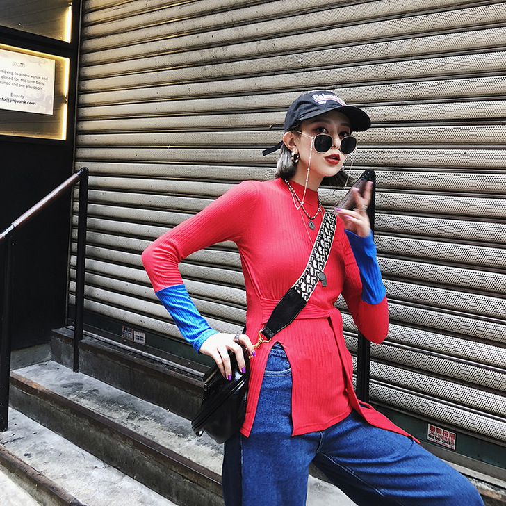 黑色长袖t恤女秋薄款，新款系带开叉打底衫拼...