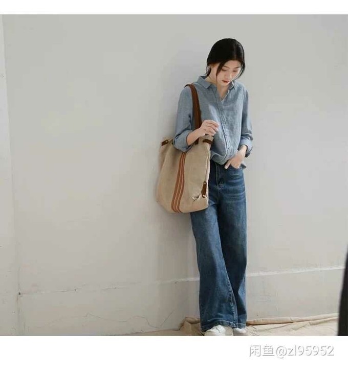 谷家 新款薄绒阔腿牛仔裤女 宽松垂感##a...