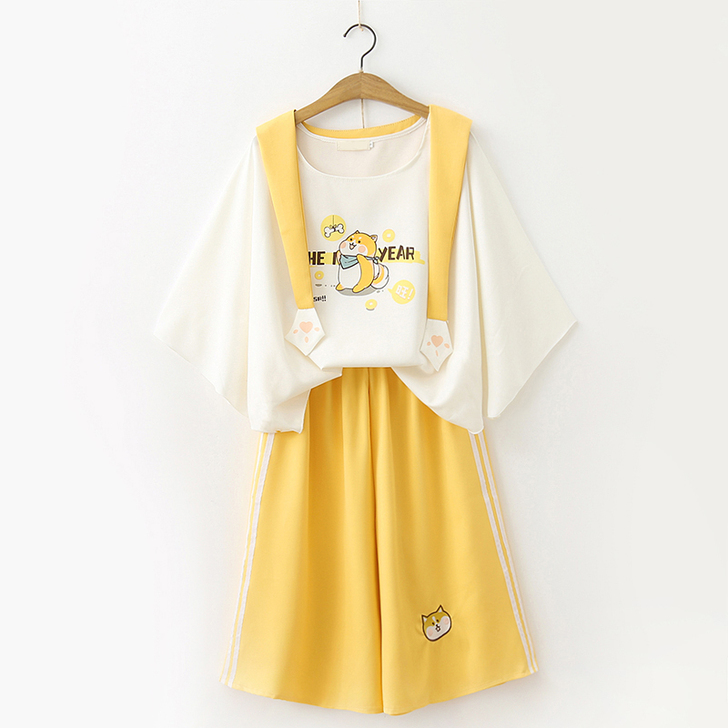 原宿风小清新印花假两件t恤+休闲裤学生两件...