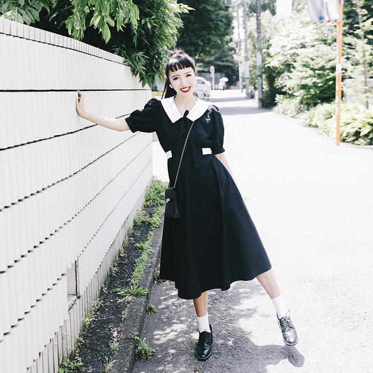 渔自制 学院二次元 暗黑日系黑白公主袖翻领...