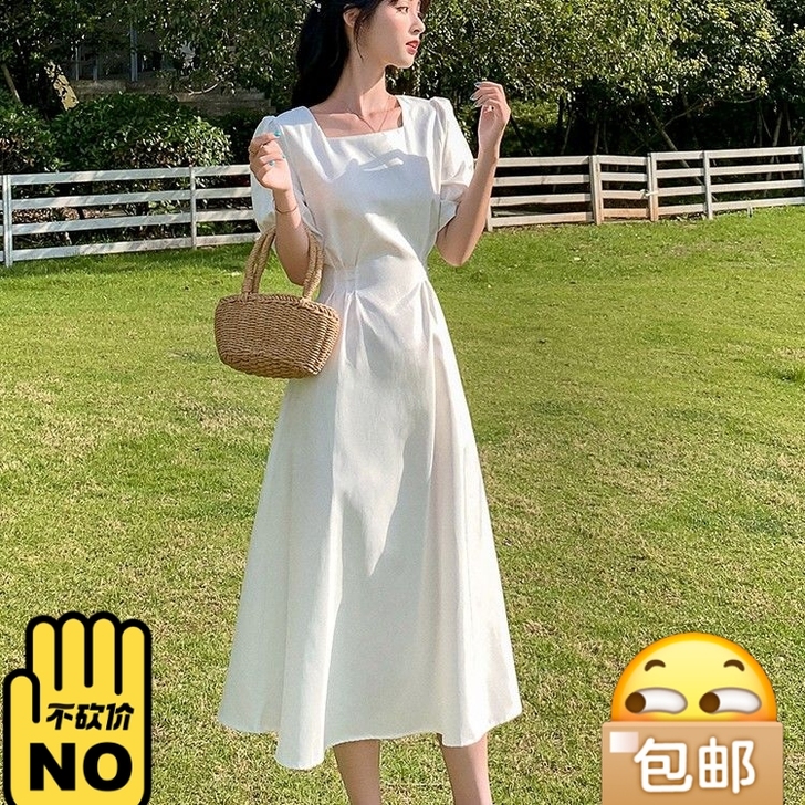 白色连衣裙女夏新款方领泡泡袖小清新甜美气质...