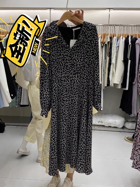 韩国2021春季新款女装高腰中长款连衣裙时...