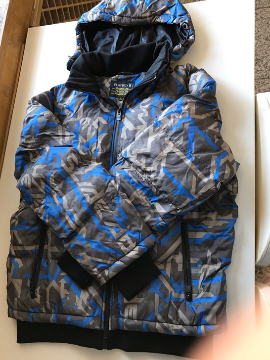 PLAYBOY灰蓝纹连帽棉服（男款XL码）