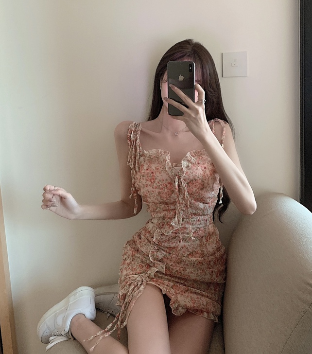 裙子女夏季抽绳设计感碎花裙2021年新款连...