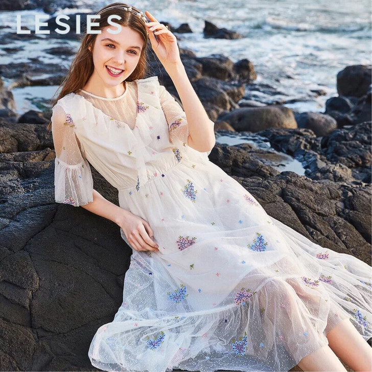 蓝色倾情小清新裙子女夏白色网纱仙女裙收腰碎...