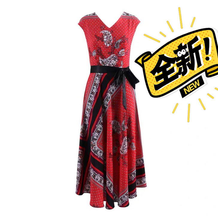 印花红色连衣裙女夏