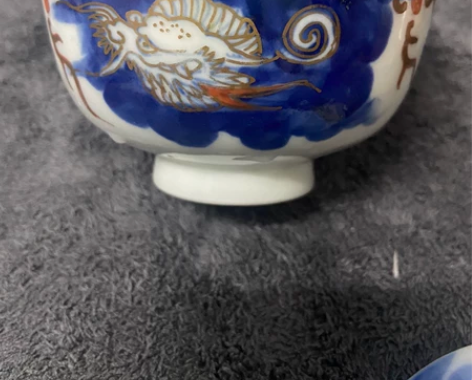 老肥前盖碗，青花描金.盖没了后配了一个，青...