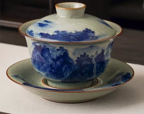 景德镇千里江山图盖碗老陶泥三才青花陶瓷泡茶...