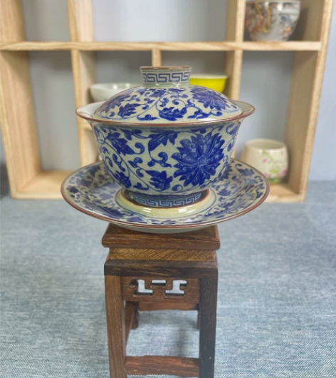 #万物皆可发景德镇老陶泥三才盖碗 青花缠枝...