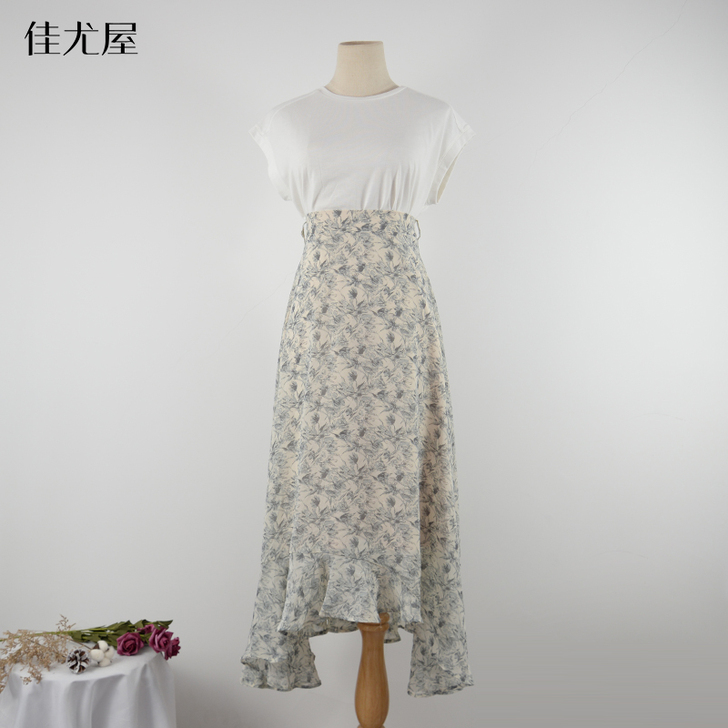 夏雪纺印花鱼尾裙荷叶边不规则设计##amp...