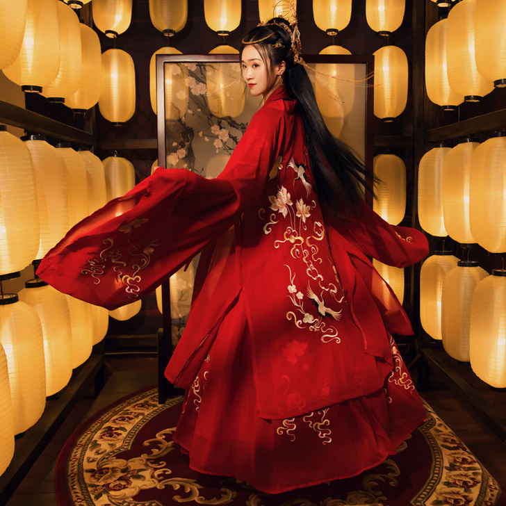 理想汉服荷边鹤原创齐胸腰襦裙对襟女春夏秋装...