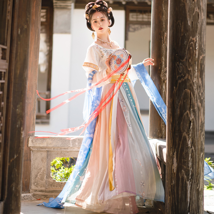 夏时 墨子研原创汉服女坦领三件套中国风一片...