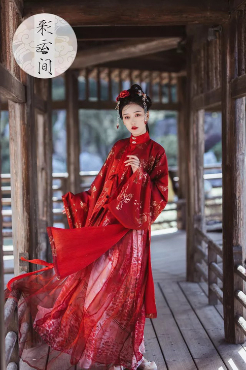 【迢梦】红烫金仙鹤立领直襟彩云间汉服