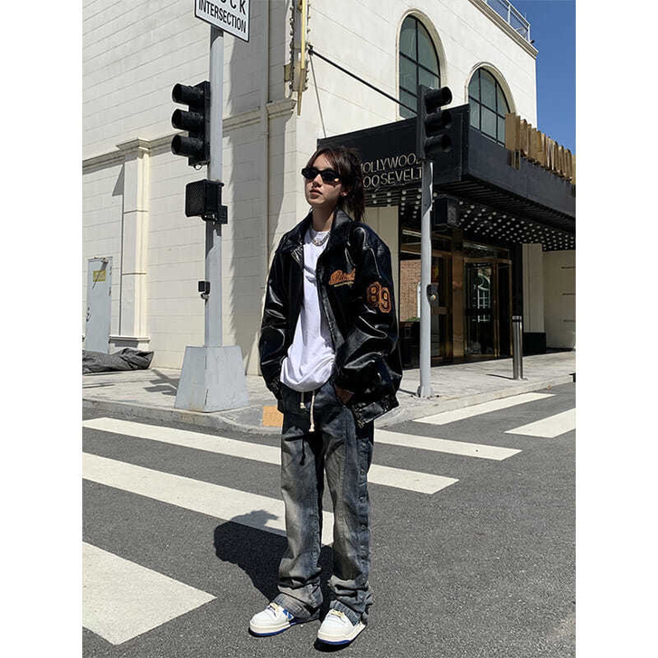 牛仔裤男欧美高街复古水洗排扣韩版潮流宽松直...