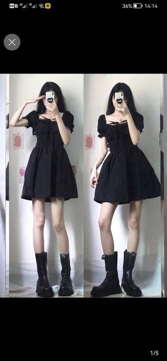 泡泡袖黑色连衣裙法式方领修身短款A字小黑裙