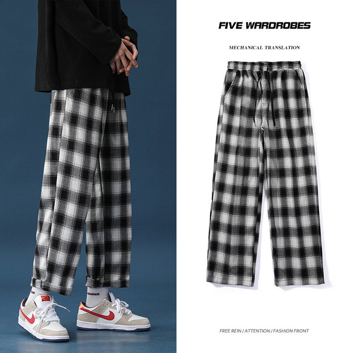 黑白格子裤子男直筒宽松ins情侣阔腿休闲裤...