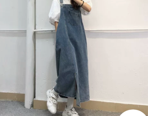 背带裙 吊带背带裙高个子不规则开叉牛仔女夏...