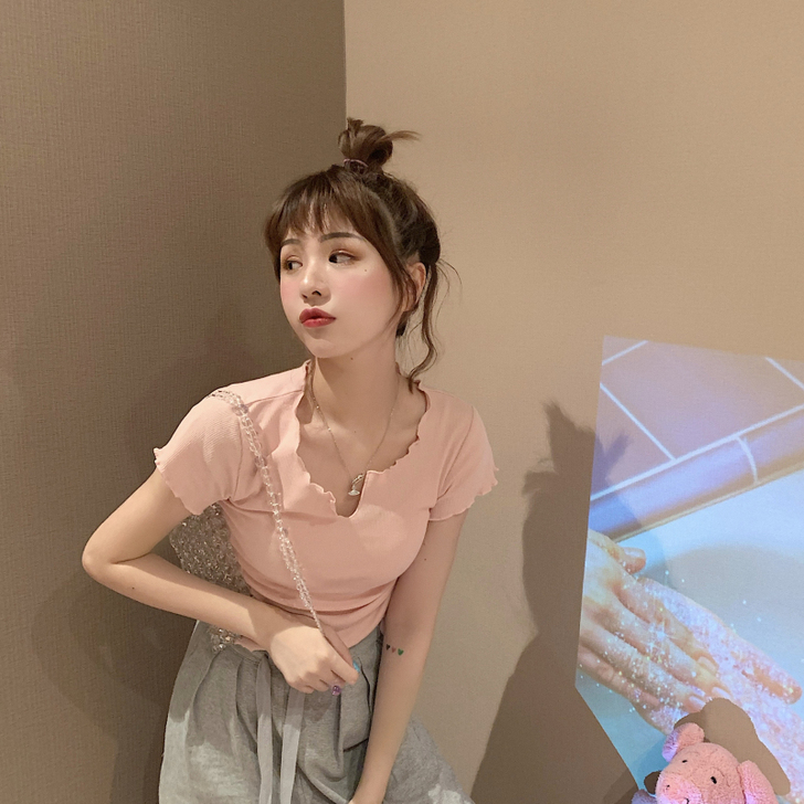 粉色可盐可甜辣妹露脐抽绳短款上衣女配高腰裤...