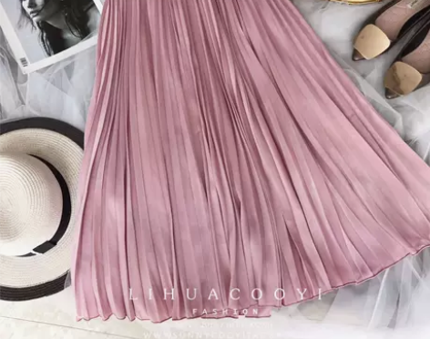 秋季新品粉色高品质松紧长裙淑女款百褶半身裙...