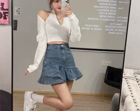 辣妹荷叶边牛仔半身裙女夏季2022新款高腰...