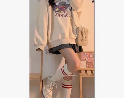 春季薄款温柔系套装女学院风印花卫衣+ins...