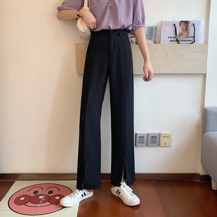 夏季2020新款韩版开叉高腰休闲裤女宽松垂...