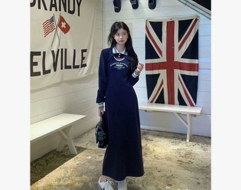 华夫格藏青长裙套装 吊带坎肩套装裙运动风 ...