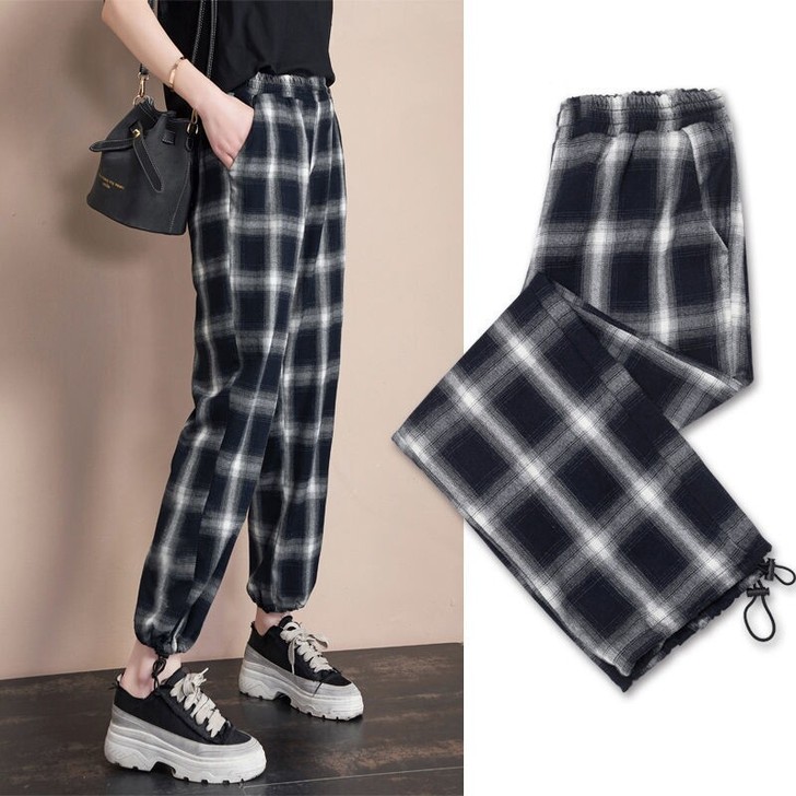 【尾货清仓】黑白格子裤女束脚直筒宽松显瘦小...