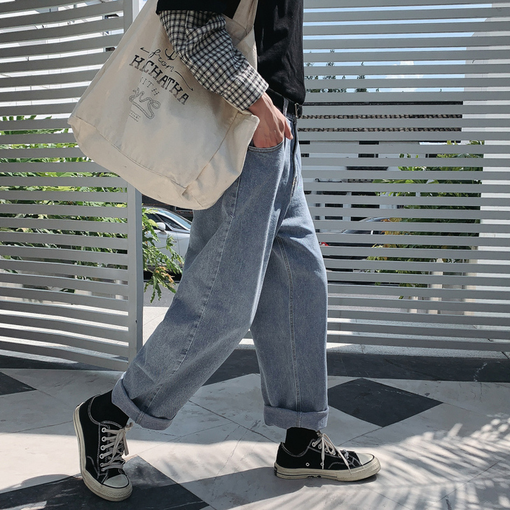 【38活动价】坠感阔腿浅色牛仔裤男直筒宽松...