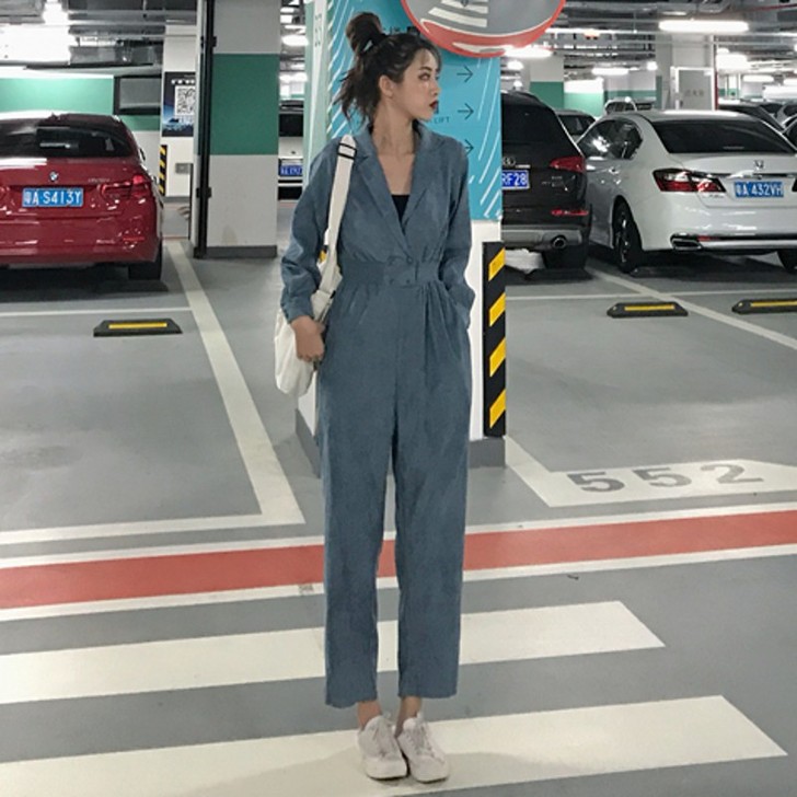 2018秋装新款港风绒料西装领高腰裤子连体...