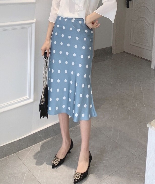 日本醋酸缎面波点印花鱼尾裙女中长款新款韩版...