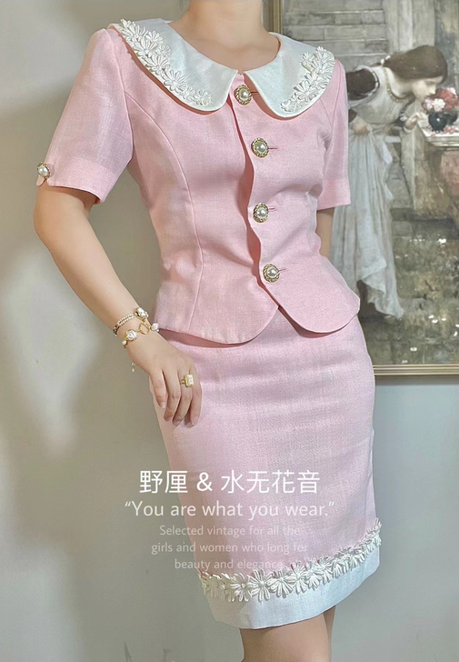 vintage古着粉白雏菊复古套装野厘水无...