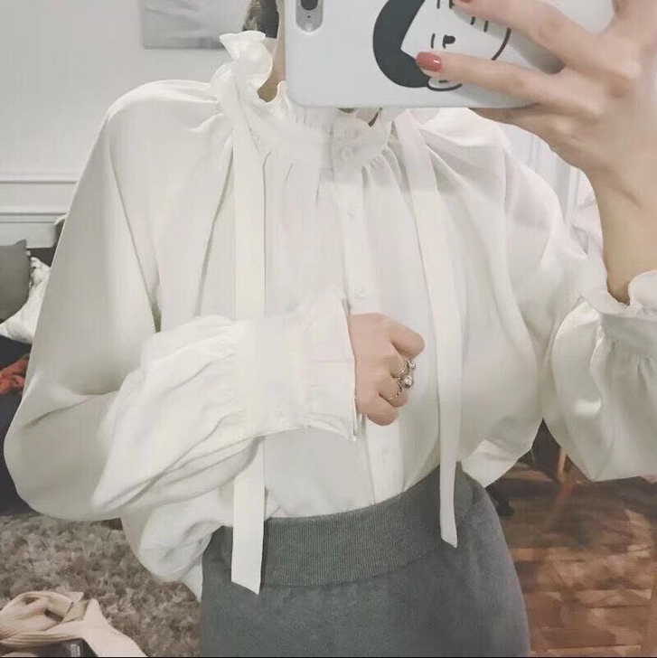 宫廷打底长袖系带衬衫混纺垂坠感面料m码