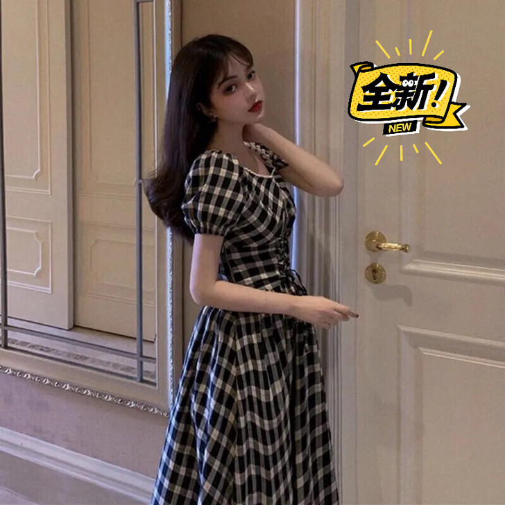 2021春夏季新款连衣裙小清新收腰复古超仙...