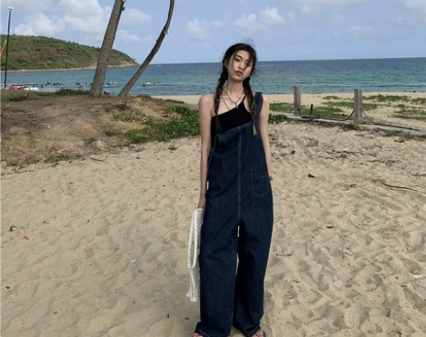 背带裤女夏季薄款美式复古直筒阔腿裤盐系拖地...