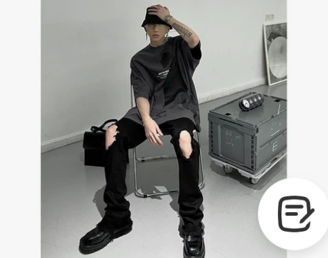 微喇叭膝盖破洞牛仔裤男夏季潮流宽松休闲美式...