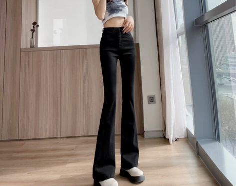 小个子微喇叭牛仔裤女夏装2022新款黑色高...