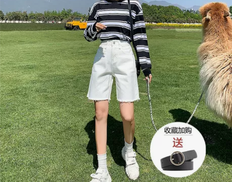 绑带高腰牛仔短裤女夏季新款韩版大码胖mm宽...