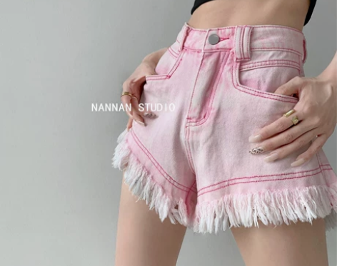 粉色高腰牛仔短裤女夏季2022新款流苏性感...