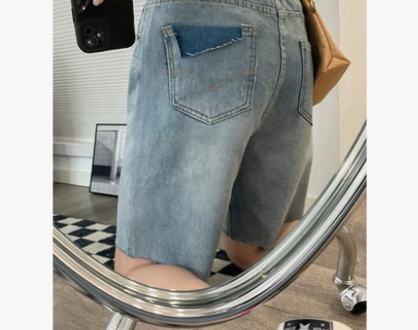 设计感不规则口袋高腰牛仔短裤女直筒宽松显瘦...